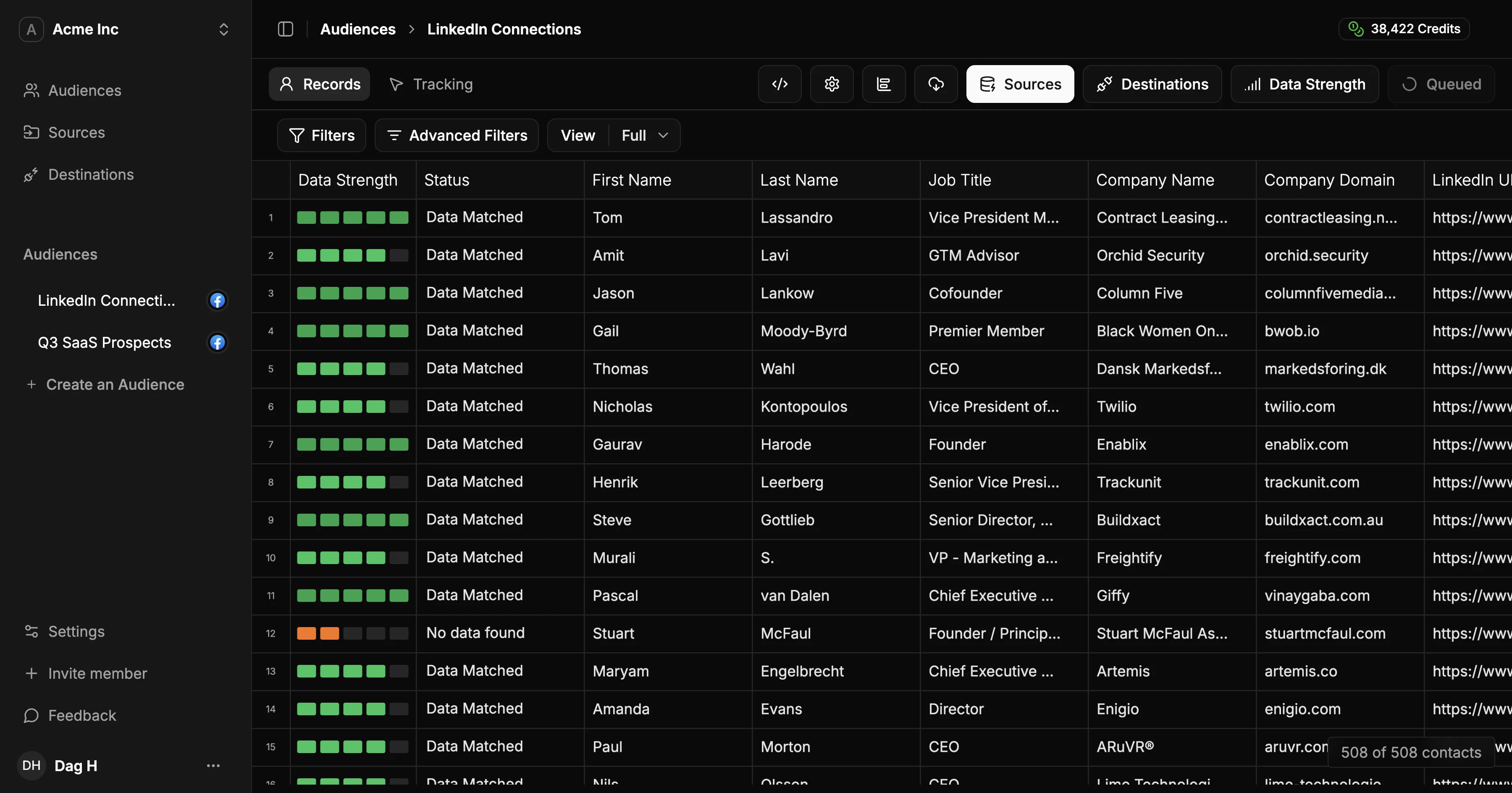 ContactLevel audience builder interface showing contact list upload, data enrichment, and audience creation workflow (dark mode)