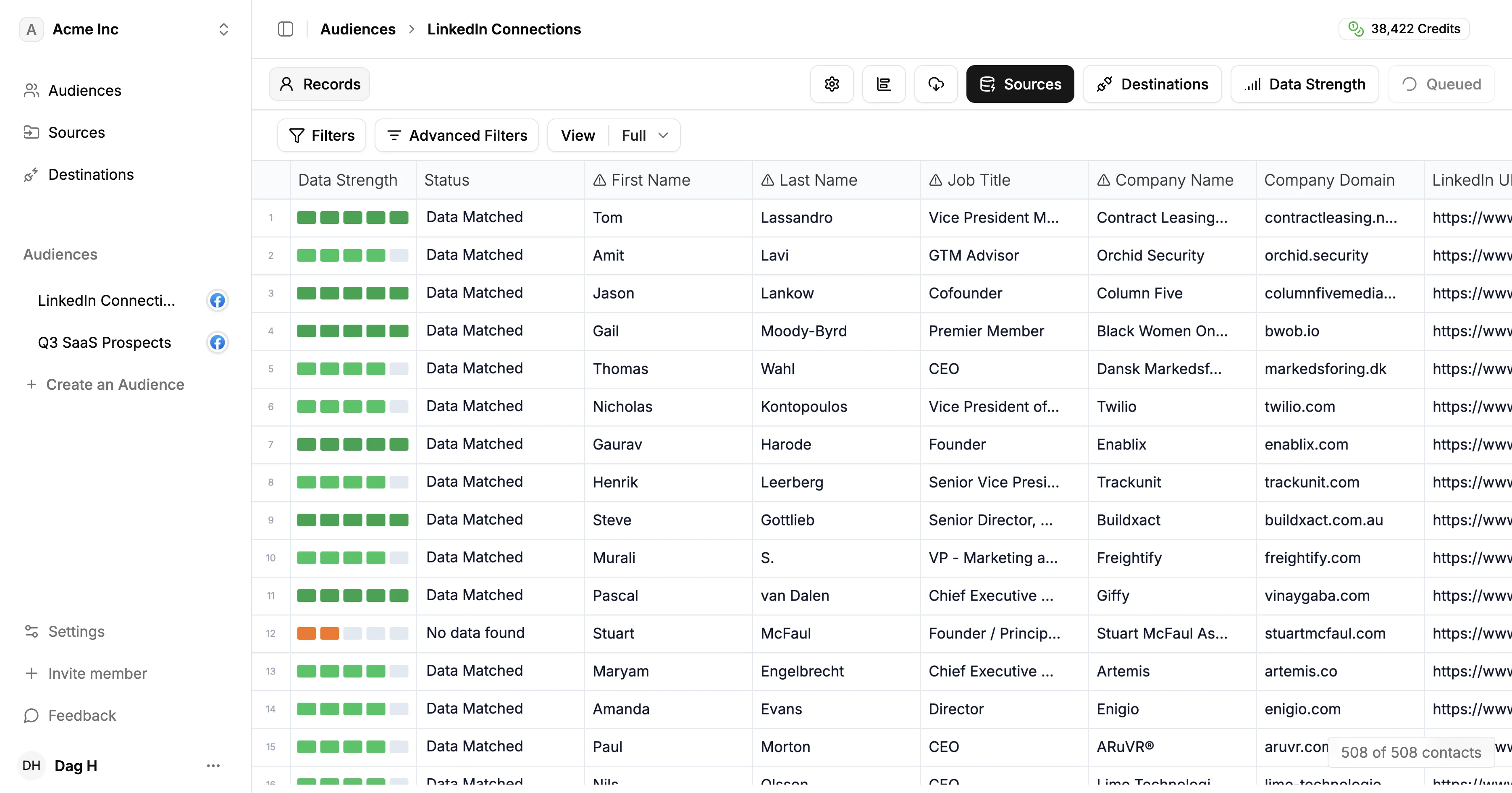 ContactLevel audience builder interface showing contact list upload, data enrichment, and audience creation workflow